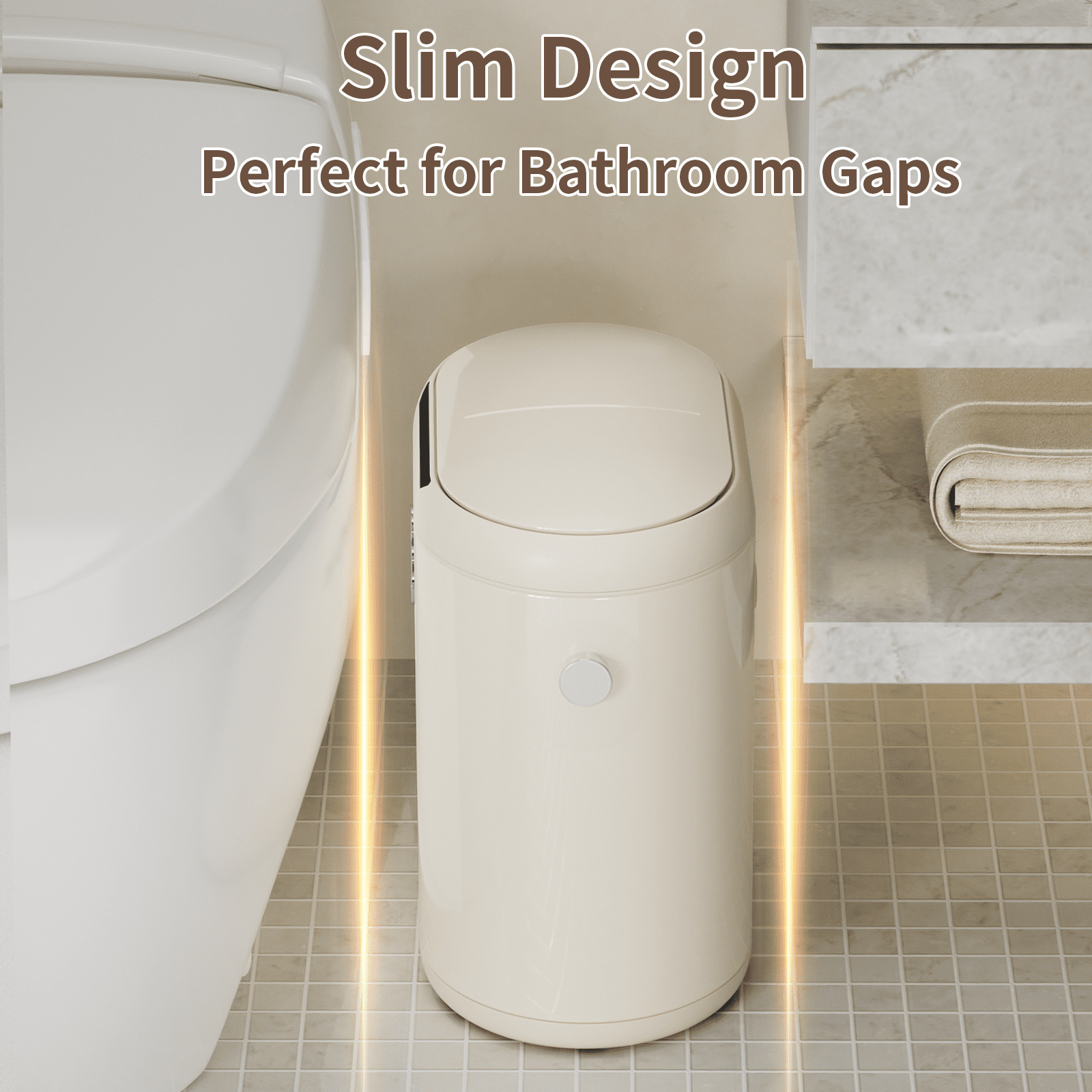 MRBIN Automatic Adsorption Metal Trash Can for Bathroom, Touchless Garbage Bin with Lid, 3.2 Gallon Slim Trash Can for Office and Bedroom, Electric Motion Sensor Waste Basket, Cream White