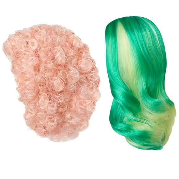 Ensemble de 2 perruques ​Creatable World, perruque aux cheveux verts et reflets jaunes et perruque aux cheveux roses bouclés
