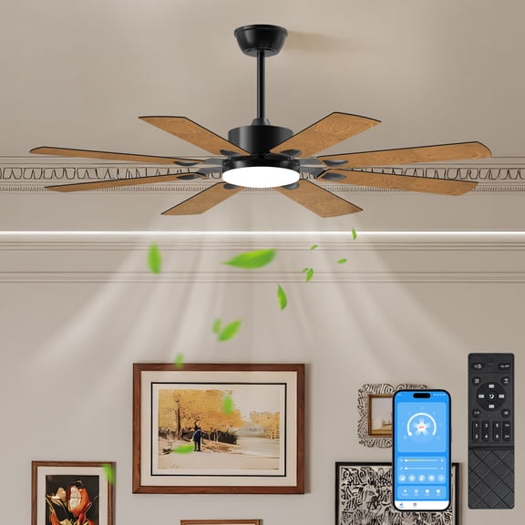 52 Inch Ceiling Fan with Lights and Remote Control, 8 Plywood Blades, 6-Speed Noiseless Reversible DC Motor, 3CCT, Windmill Ceiling Fan for Kitchen, Bedroom, Living Room (Black)