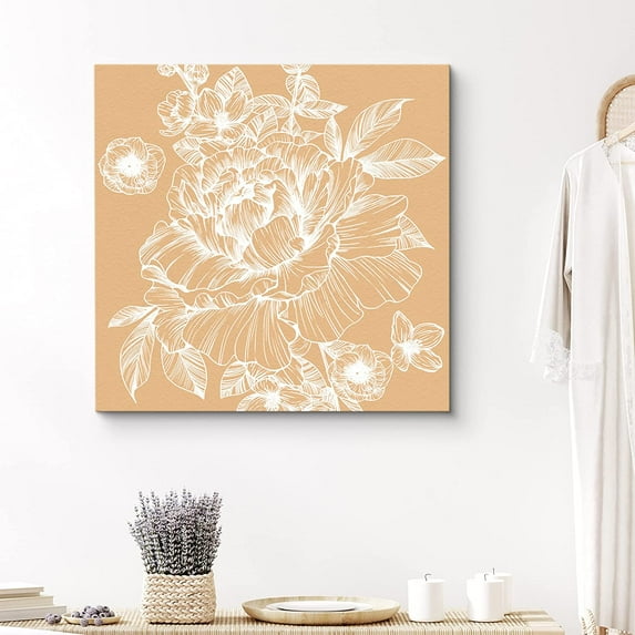 PixonSign Canvas Print Wall Art Flower Line Art Over Orange Background Botanical Wilderness Illustrations Modern Art Modern Colorful Multicolor Pastel for Living Room, Bedroom, Office - 24x24 inches