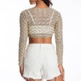 thumbnail image 3 of Douhoow Women Mesh Pearl Cover Up Long Sleeve Sequin See Through Sheer Crop Top, 3 of 9