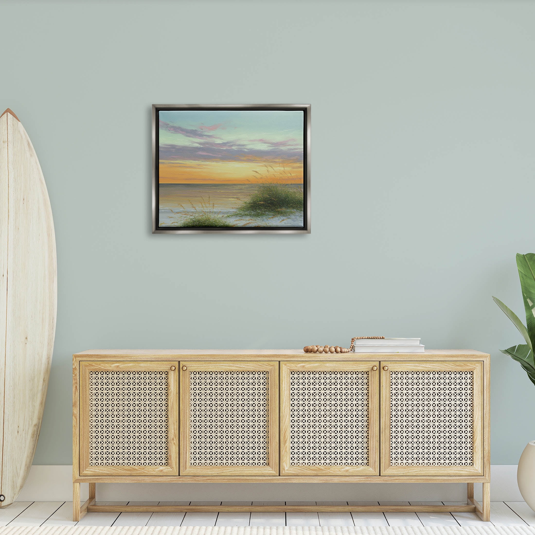 Coastal Reeds Sunset Beach Shore Coastal Painting Luster Gray Framed Art Print Wall Art