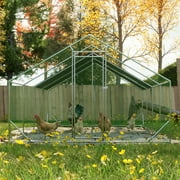 LZBEITEM Large Metal Chicken Coops, Outdoor Duck Walk-in Run Poultry Cage, Hen House Yard Habitat Cage with Waterproof Cover Spire Shaped Coop, 26 L x 10 W x 6.56 H, Silver