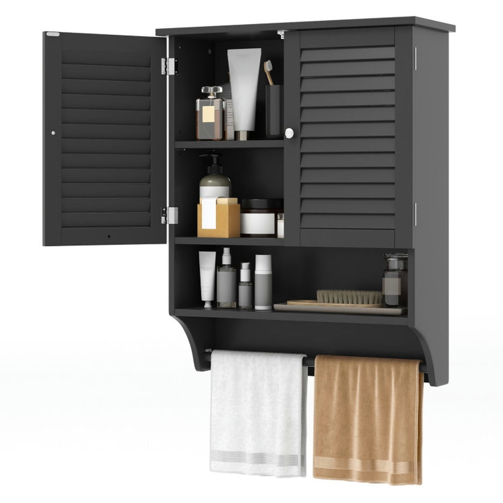 Finihen Wall Cabinet, Wall Mounted Bathroom Cabinet, Medicine Cabinet, 2-Doors Bathroom Wall-Mounted Medicine Cabinet with Towel Bar, for Kitchen Entryway Bathroom, Black
