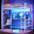 thumbnail image 1 of KOUSEI Cadre de Lit Mezzanine en Métal avec Lumières LED & Station de Charge & Bureau en Forme de L, Blanc, 1 of 11