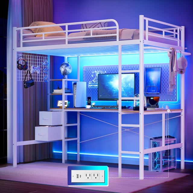KOUSEI Cadre de Lit Mezzanine en Métal avec Lumières LED & Station de Charge & Bureau en Forme de L, Blanc