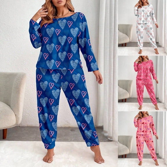 Womens Valentines Pajamas Sets Long Sleeve Button Down Shirts and Casual Pants Comfortable 2 Piece Home Sleepwear for Women Blue XXL