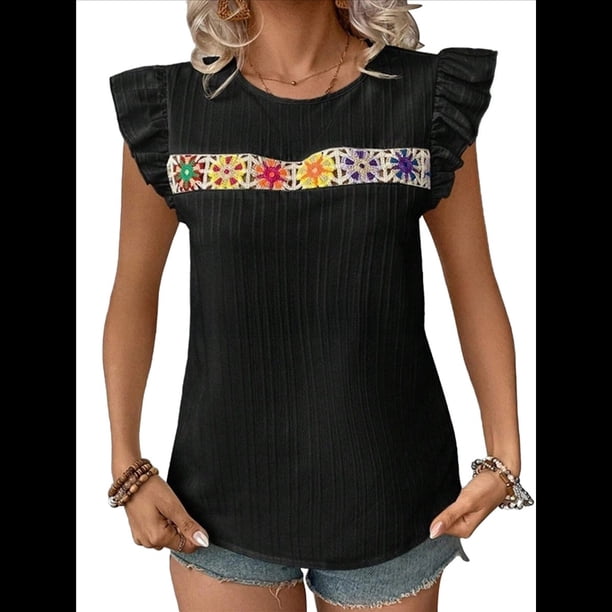 Blusa de Verano con Bordado Floral para Mujer, Cuello Redondo, Corta Negro XXL