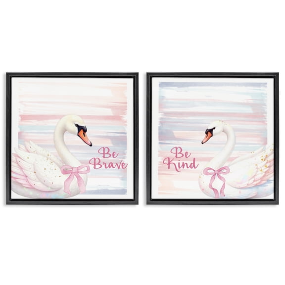 Be Brave & Kind Pastel Swan 2 Piece Black Framed Floater Canvas Set, design by Kim Allen