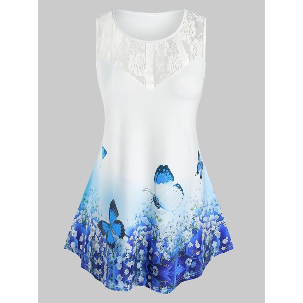 Talla grande Inserción de encaje 3D mariposa floral estampado sin mangas Rosegal Camisetas sin mangas de talla grande