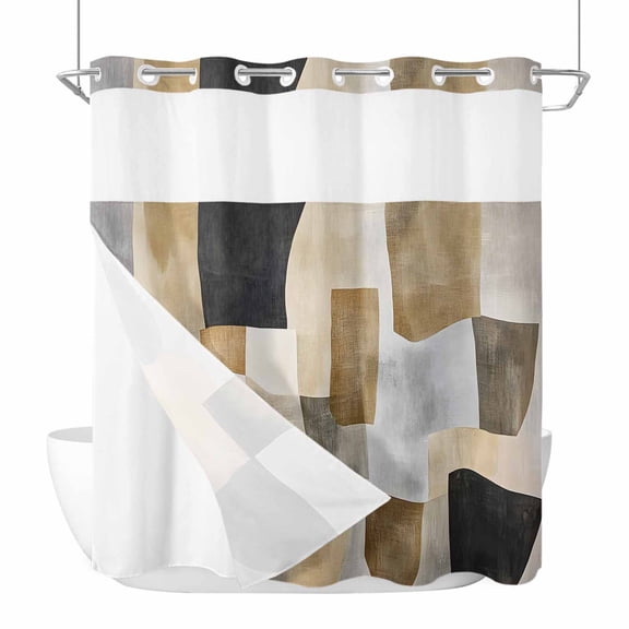 No Hook Shower Curtain, Vintage Boho Long Bathtub Curtains with Snap in Liner, Abstract Retro Oil Painting Geometric Waterproof Washable Fabric Bathroom Curtain Sets, 72"W x 78"L