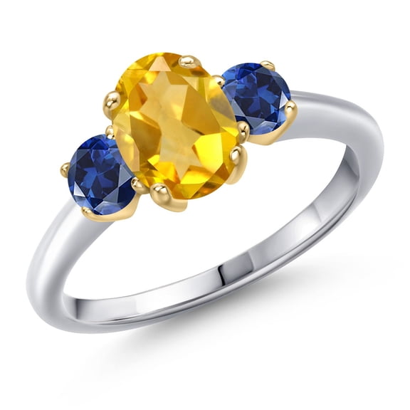 Gem Stone King 925 Silver and 10K Yellow Gold Yellow Citrine and Blue Created Sapphire Engagement Ring for Women | 1.80 Cttw | Oval 8X6MM | Gemstone November Birthstone | Size 7