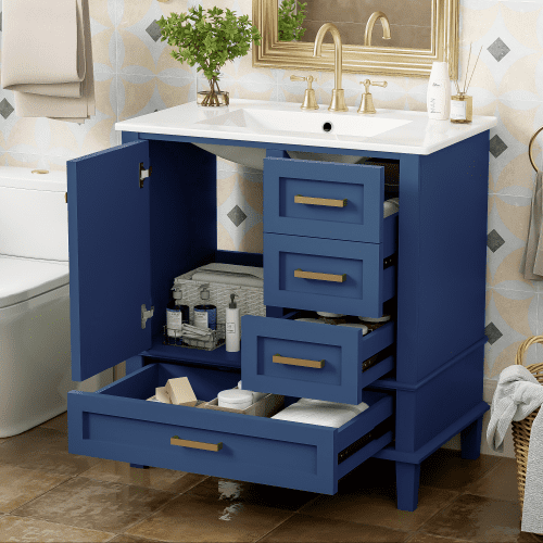 blue 30" Bathroom Vanity with Sink Bathroom Storage Cabinet with a Soft Closing Door and 3 Drawers