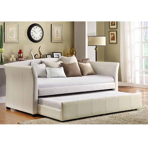 Faux Leather Daybed with RollOut Trundle, White
