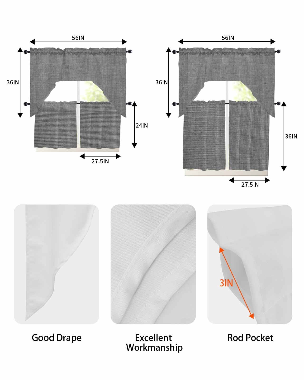 Vintage Dark Gray Kitchen Curtains Swag Valance and Tier Curtains Set 24 Inch Length, Farmhouse Retro Solid Color Linen Texture Rod Pocket Drape Panels Pair Swag Curtains for Bathroom/Cafe/Window