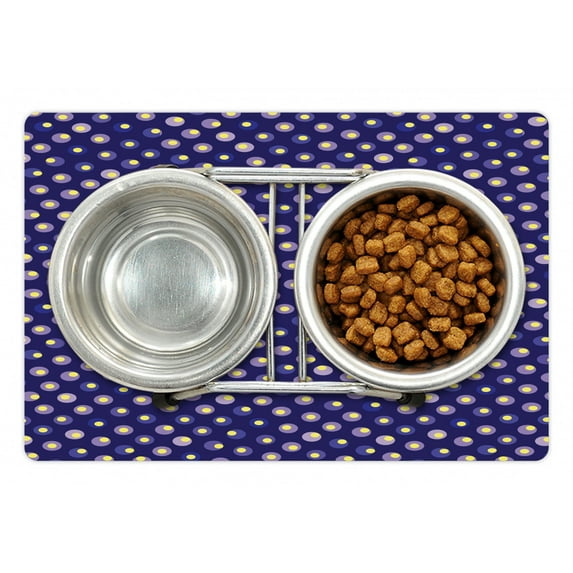 Retro Pet Mat for Food and Water, Abstract Geometric Ornament with Repeating Contrast Moire Circles, Non-Slip Rubber Mat for Dogs and Cats, 18" X 12", by Ambesonne
