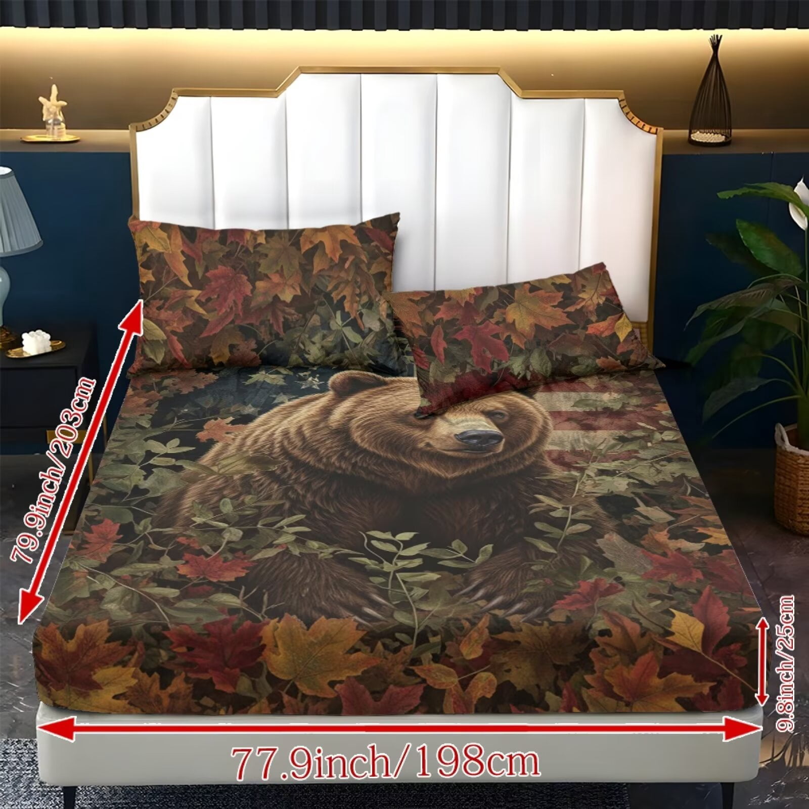 ZIATUBLES Queen Size Sheet Set-Soft Stretchy 3 Piece Bedding with 9.8" Pocket Fitted Sheet and 2 Pillowcases, Breathable Comfy Bedding for Bedroom, Autumn Leaf Brown Bear Print
