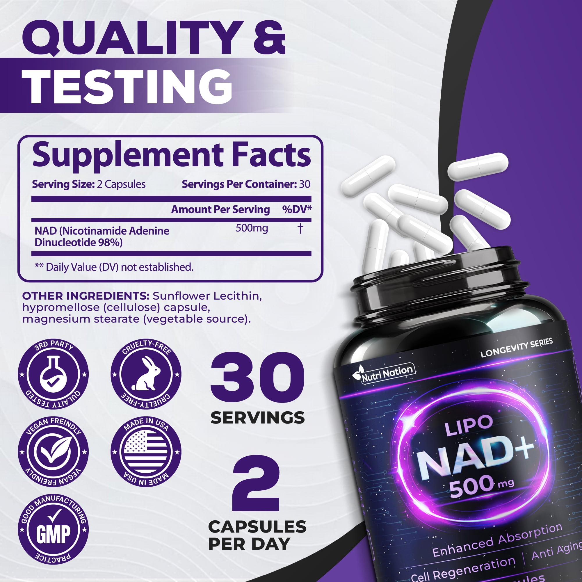 Nutri Nation Liposomal NAD 500mg Supplement 120 Capsules, Nicotinamide Adenine Dinucleotide, for Anti Aging and Cell Regeneration, 2 Bottles, Made in USA