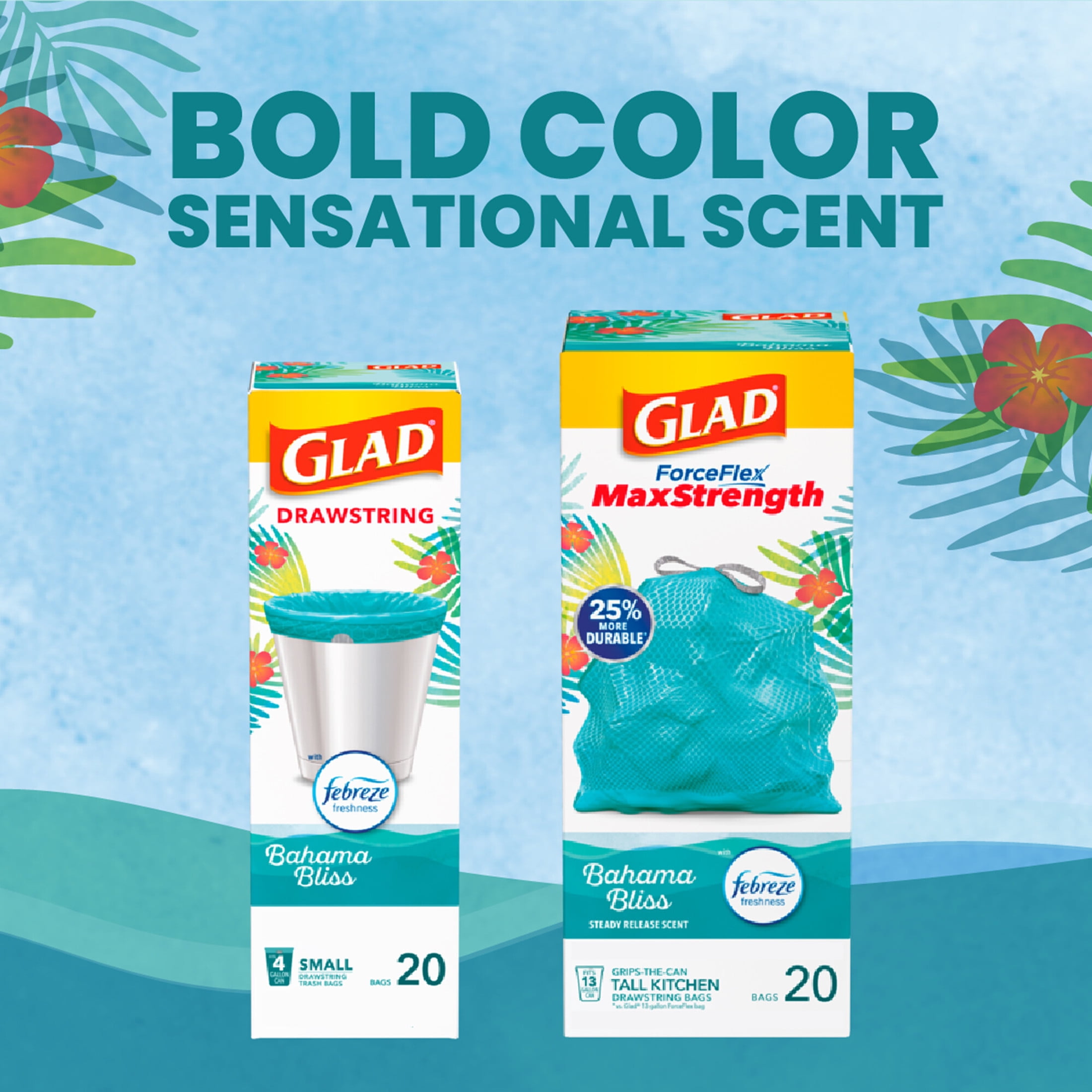 Glad 4-Gallon Teal Drawstring Small Trash Bags, Febreze Freshness Bahama Bliss Scent, 80 Bags
