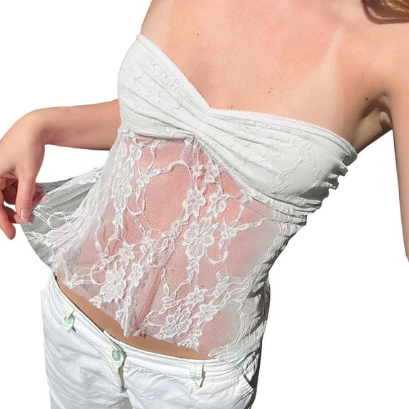 Women Summer Tops Women's Sweet And Spicy Lace See Through Pleat Top Sexy Strappy Little Vest Cropped Top Shirts Crop Dancing Blouse Women Button Camisole Juniors Glitter Girl Crop Bra White L