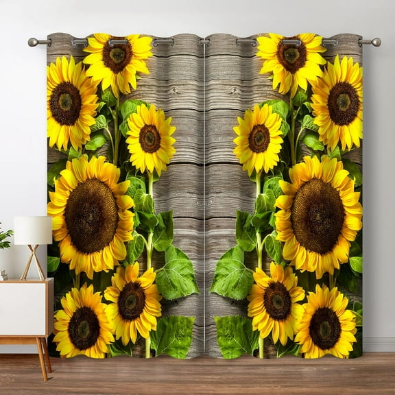 Sunflower Floral Blackout Curtains Spring Flower on Rustic Wood Country Wooden Decor for Home Bedroom Living Room Darkening Grommet Window Drapes 2 Panel Set, 42"x54"