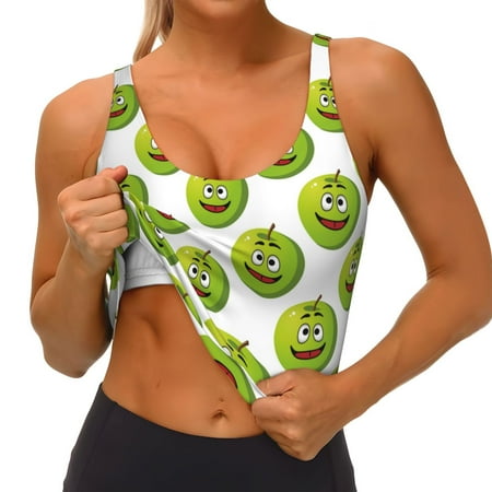 Qokaie Happy Fruit Pattern Womens Scoop Neck Sports Bra Breathable Workout Vest Padded U Back Medium Impact Fitness Gym Yoga Bra Workout Crop Top