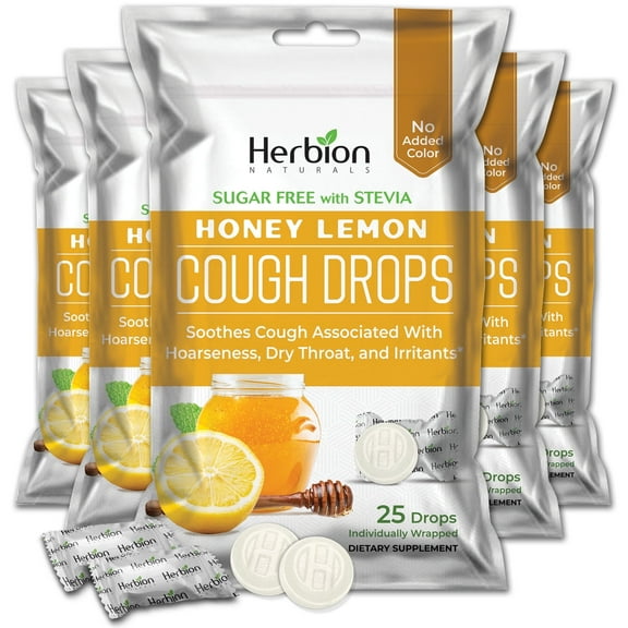 Herbion Naturals cough drops with natural honey lemon flavor, sugar-free with stevia, dietary supplement, soothes cough, for adults and children Over 6 Years, 5 packs (125 lozenges)