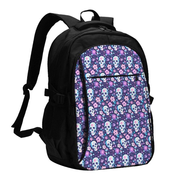 Easygdp Skull Purple Flower Mochila para Laptop de Viaje con Puerto USB, Mochila para Laptop con Puerto de Carga USB para Mujeres y Hombres