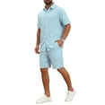 thumbnail image 2 of INSPIRE CHIC Men's 2 Pieces Sets Beach Short Sleeve Shirt & Shorts Striped Textured Outfits 2XL Light Blue, 2 of 5