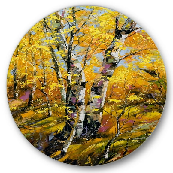 Designart 'Birches In Yellow Autumn Wood Forest' Country Circle Metal Wall Art 36x36 - Disc of 36