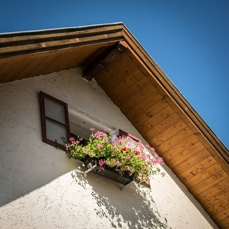 Shutters Window Boxes - Canvas Print Flowers Gable Roof Sky Shutter Flower Box Window Stretched Canvas 10 x 14