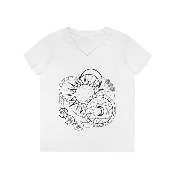 Halloween Ladies' V-Neck T-Shirt Sun Moon Stars Kitty Cat Witchy Vibes Tee