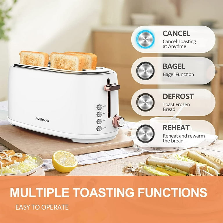 Toaster 4 Slice 1.6 Wide Slot Stainless Steel Toasters with Bagel, Reheat,  Cancel, Defrost Function, 6 Shade Settings, Removable Crumb Tray, 1550W