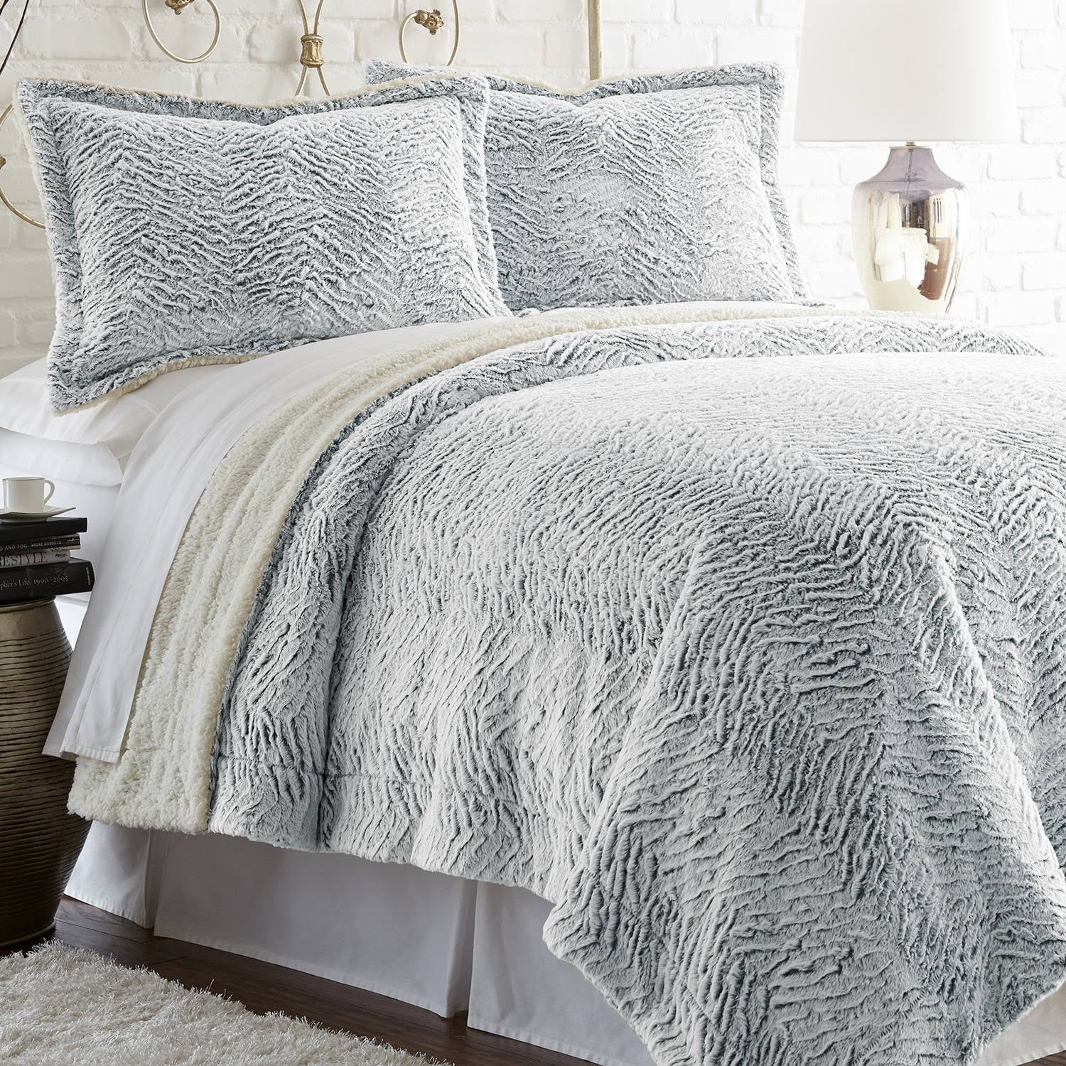 Faux Fur/Sherpa 3 Piece Comforter set Gray Full/Queen - Walmart.com ...