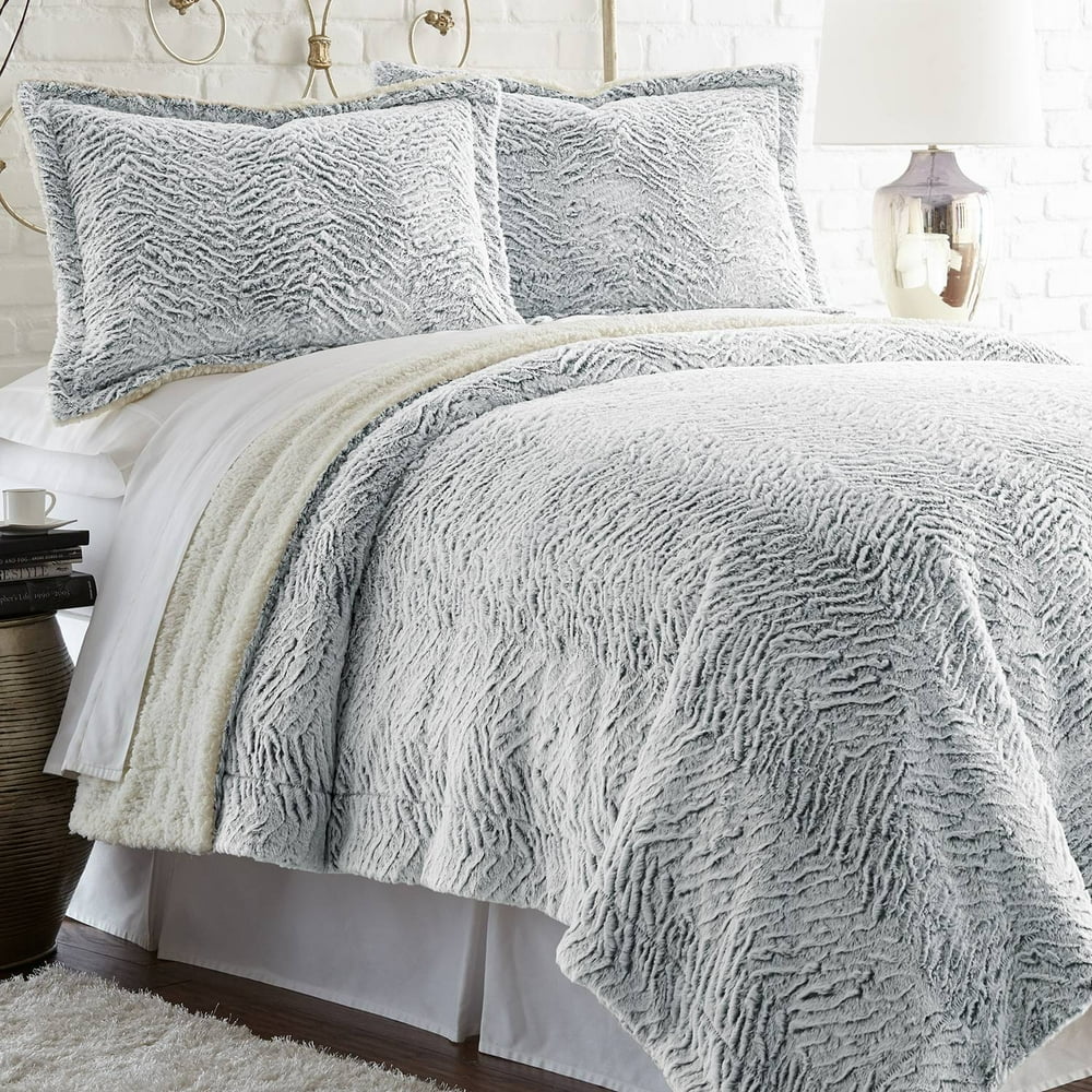 Faux Fur/Sherpa 3 Piece Comforter set Gray Full/Queen