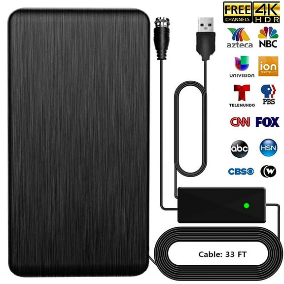 Camkey Outdoor Indoor Digital TV Antenna - 90mi Range with Built-in Amplifier, 33ft Long Coaxial Cable, Supports 4K, HD,1080P, UHF