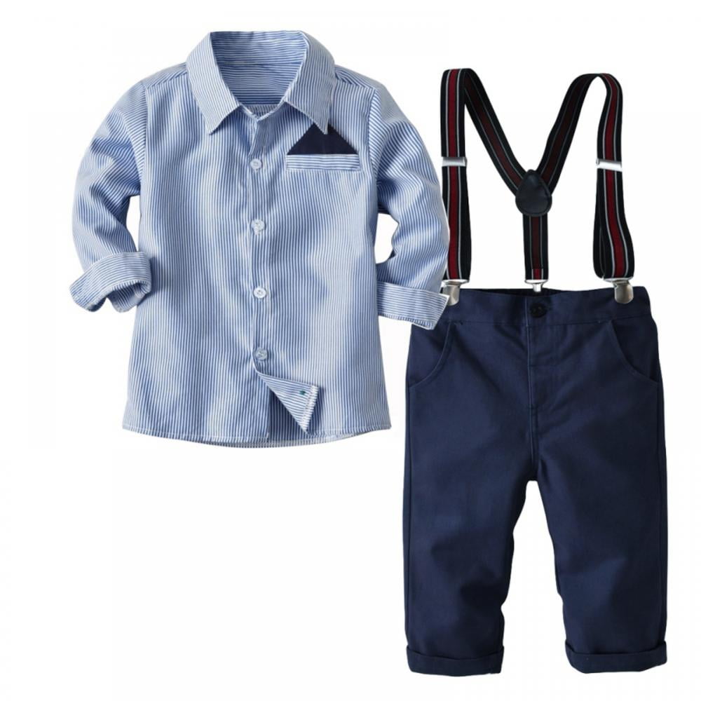 Boys Gentleman Outfits Suit Toddlers 4PCS Clothing Set Child Long Sleeve Bowties Dress Shirt + Suspenders + Denim Pants