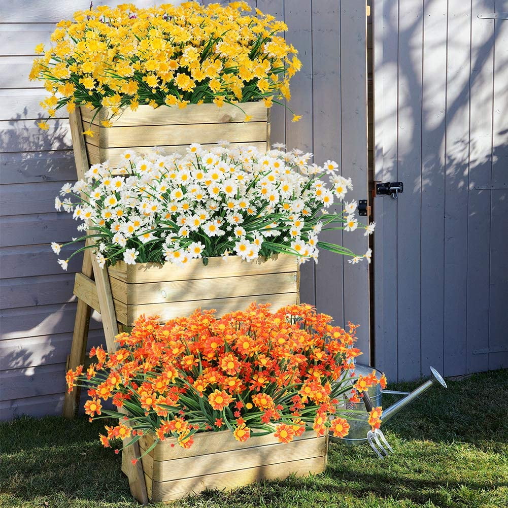 6 Bundles Outdoor Artificial Daisies Fake Flowers UV Resistant Shrubs, Faux Plastic Greenery for Indoor Outside Hanging Plants Garden Porch Window Box Home Wedding Farmhouse Decor (White)