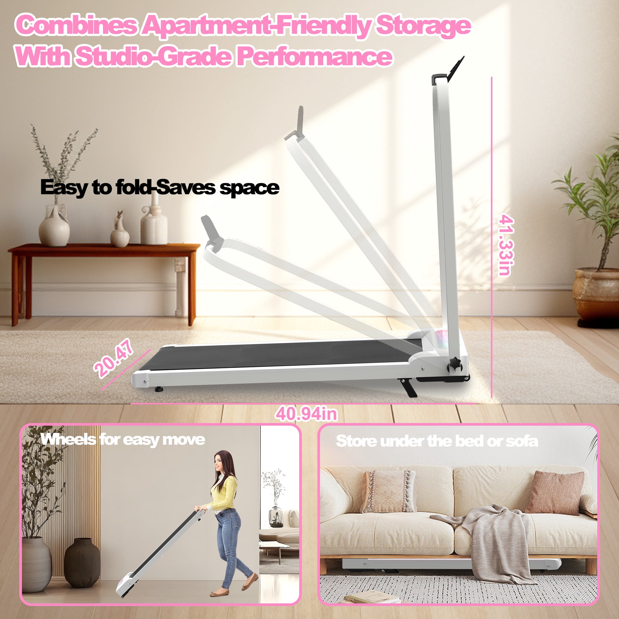 Foldable Treadmill with Handlebars, 2-in-1 Under Desk Walking Pad & Vibration Platform, Portable Treadmill with Incline & Remote for Home Office, Space-Saving Fitness Machine, White