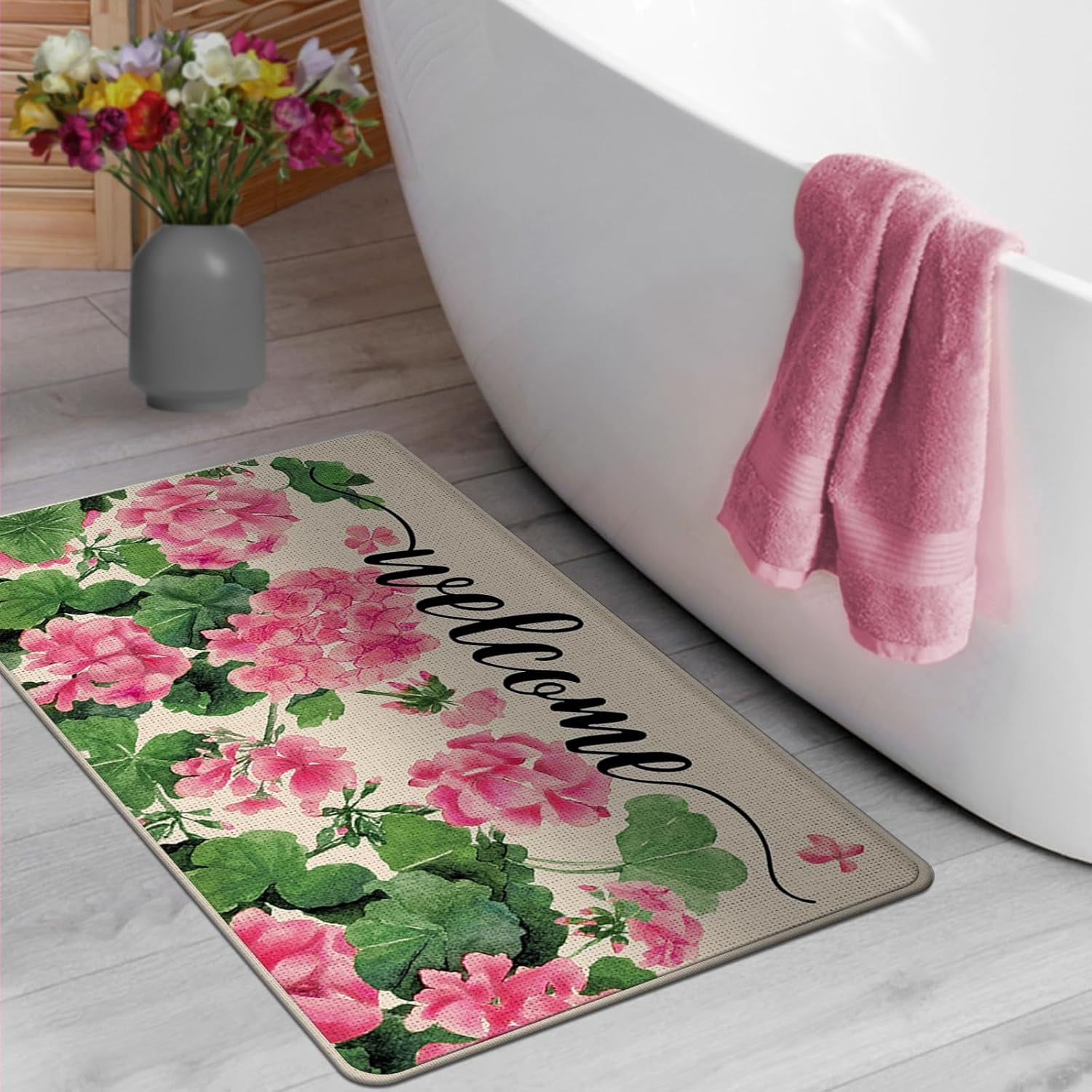 Welcome Spring Summer Geranium Flower Decorative Front Door Mat, Pink Floral Doormat Indoor Outdoor Non-Slip Floor Entryway Rug, Seasonal Home Kitchen Decoration 17x29 Inch