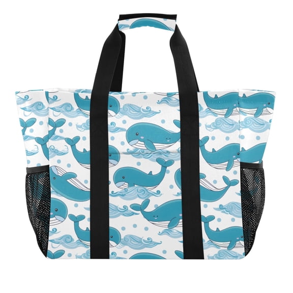 Cute Whale and Wave Reusable Grocery Bags with Handle Side Pocket Waterproof Shopping Portable Tote