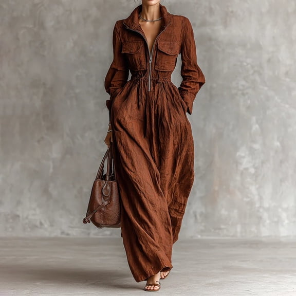Women's Plus Size Solid Color Cotton Linen Blend Jumpsuit, Long Sleeve Zip Up Collar Wide Leg Romper with Elastic Waistband, Stylish Casual Streetwear Coffee L