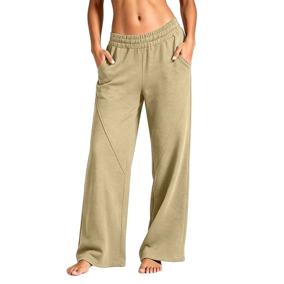Kinrui Low Rise Sweatpants Women Wide Leg Baggy Sweat Pants Front Seam Pull on Lounge Trousers with Pocket Beige XL