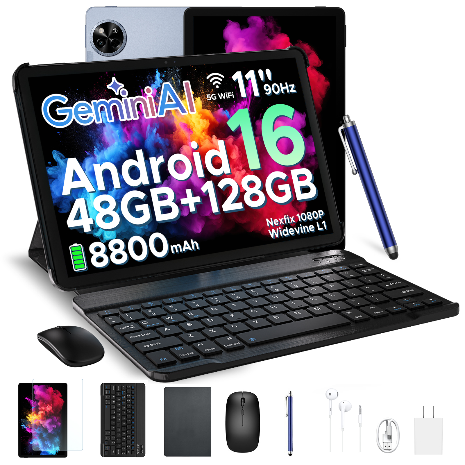 POCKAM P11 Android 16 11" Tablet with Gemini AI, 48GB RAM+128GB ROM/TF 2TB, 90Hz Display,8800mAh ,T7250, 13MP+5MP, 5G WIFI,Tablets with Keyboard, Pen