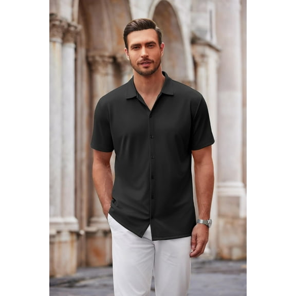 COOFANDY Mens Short Sleeve Button Up Shirts Lightweight Stretch Shirt Knitted Shirts