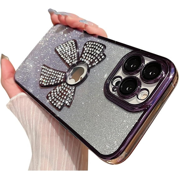 Compatible with iPhone 15 Pro Max Glitter Case,Luxury Cute Bowknot Sparkle Shine Diamond Design with Bling Plating Logo View,Aesthetic Shockproof Bumper Cover for Women Girls-Purple