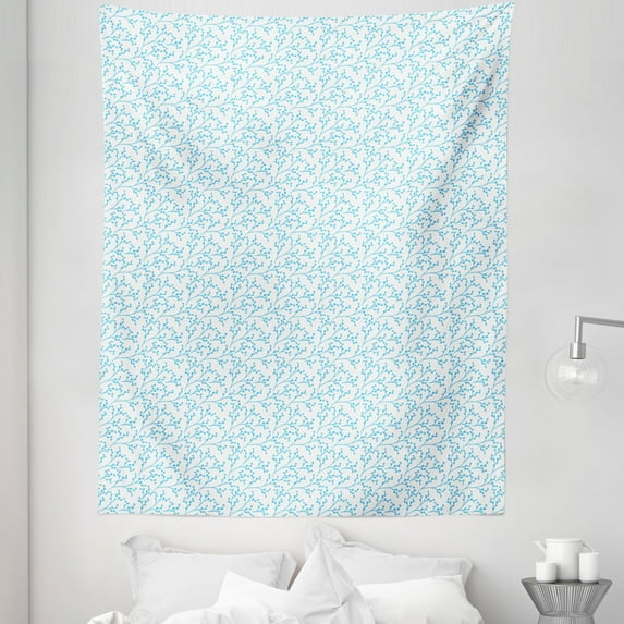 Aqua and White Tapestry, Hand Drawn Branches with Berry Silhouettes Monotone Spring Season Design, Fabric Wall Hanging Decor for Bedroom Living Room Dorm, 5 Sizes, Aqua and White, by Ambesonne