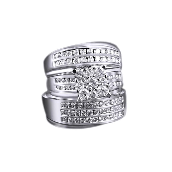 AFFY White Cubic Zirconia Engagement & Wedding Trio Band Ring Set In 10k White Gold (2 Cttw)