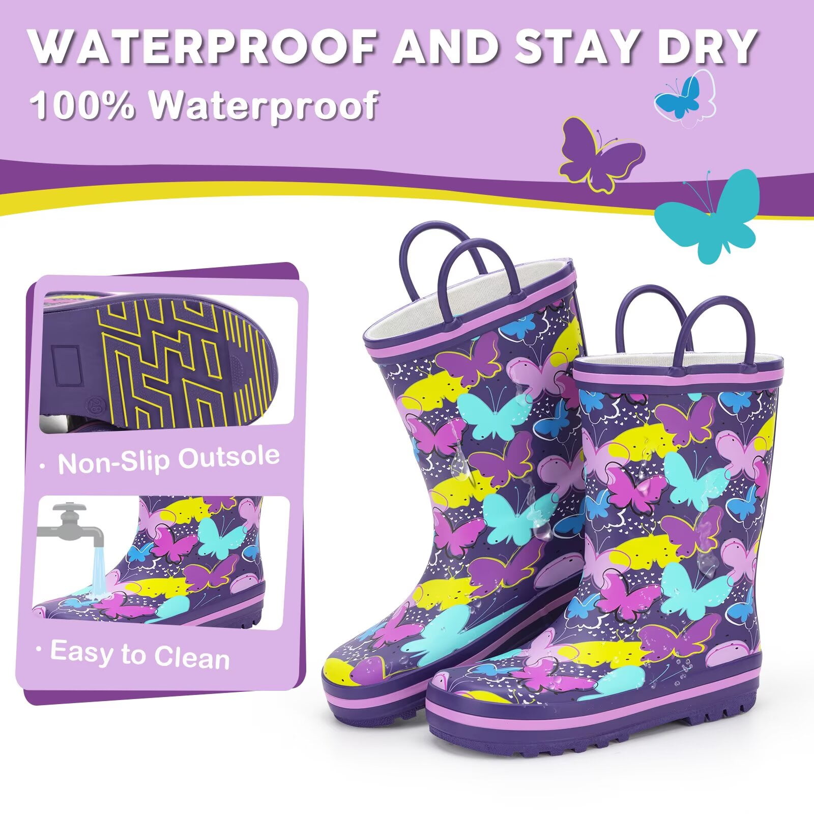 FUNCOO PLUS Toddler Rubber Rain Boots Kids Waterproof Boots for Girls, Butterfly, Big Kid Size 1
