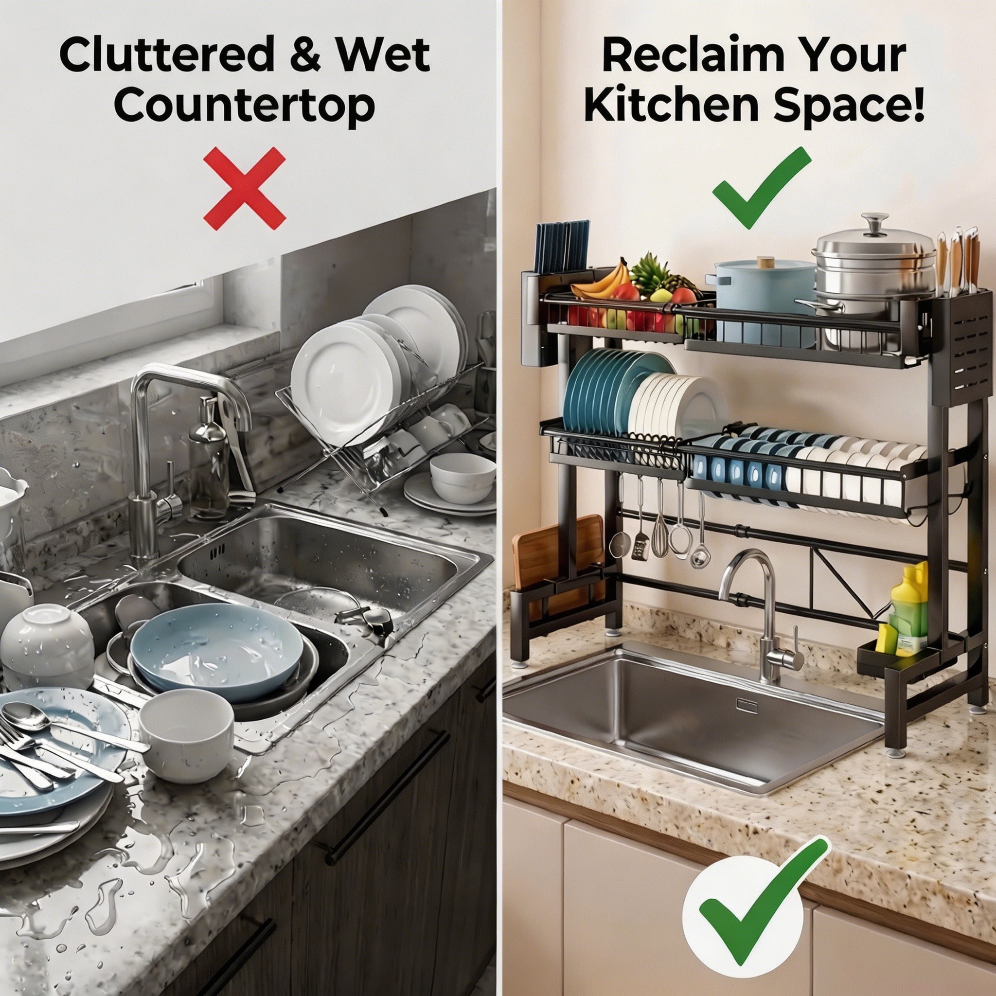 Expandable Over the Sink Dish Drying Rack, 2-Tier Adjustable Kitchen Counter Organizer (24.4-39.4in), Large Dish Drainer with Utensil Holder & Cutting Board Rack, Anti-Rust Black